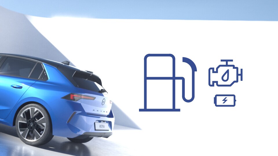 Heck- und Seitenansicht des Opel Astra in Blau mit Benzin-Hybridantrieb