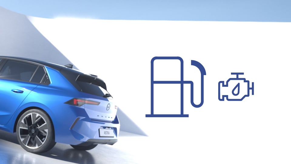 Heck- und Seitenansicht des Opel Astra in Blau mit Benzin- oder Dieselmotor