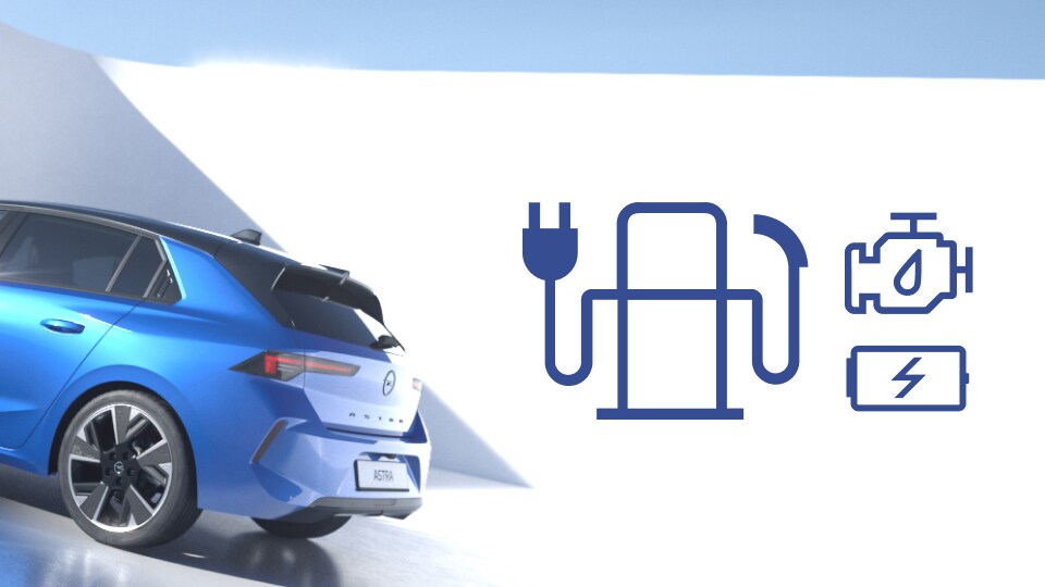 Heck- und Seitenansicht des Opel Astra in Blau als Plug-in-Hybrid (PHEV)