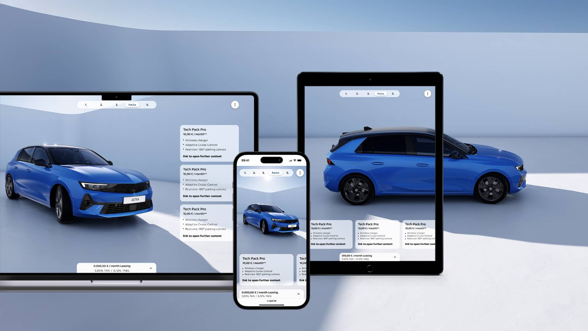 MacBook-, iPhone- und iPad-Ansichten der Online-Bestelloberfläche für einen blauen Opel Astra