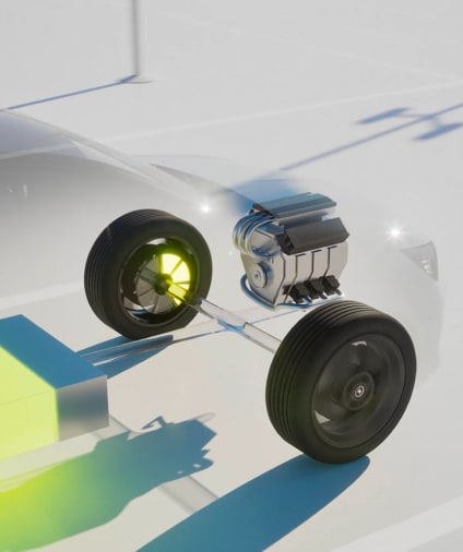 Vordere Hälfte eines transparenten Opel Elektrofahrzeugs, bei dem nur Batterie und Räder sichtbar sind