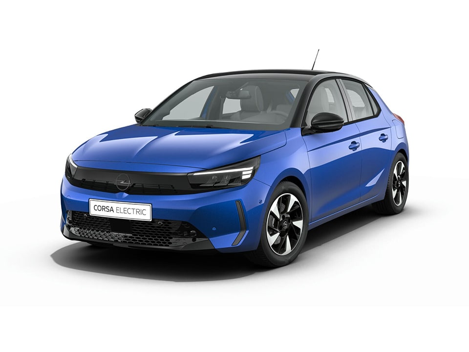 Vordere Seitenansicht eines blauen Opel Corsa Electric mit schwarzem Dach und Leichtmetallrädern