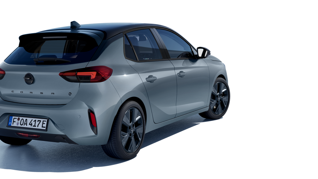 Right side rear view of a grey Opel Corsa Electric with black alloys and roof